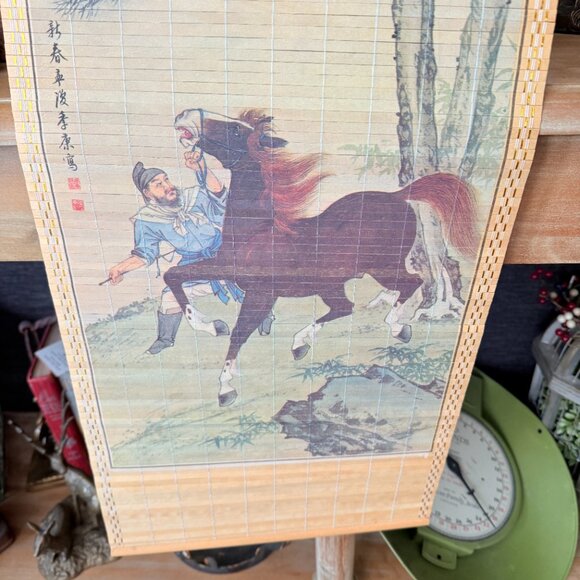 Large vintage Asian woven bamboo scroll with a horse - Picture 5 of 12